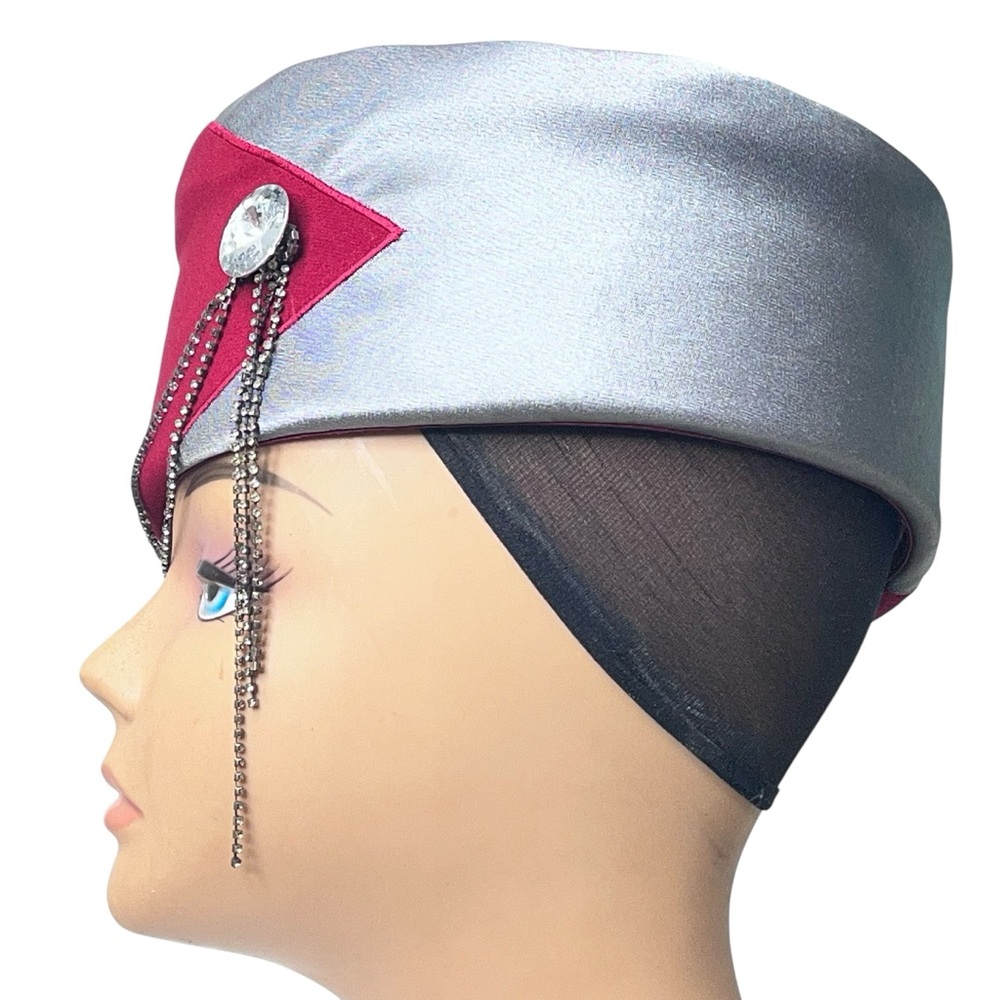 Lisa Rene Red Felt Satin Flower Chain Rhinestone Pillbox-Style Hat - Picture 7 of 15